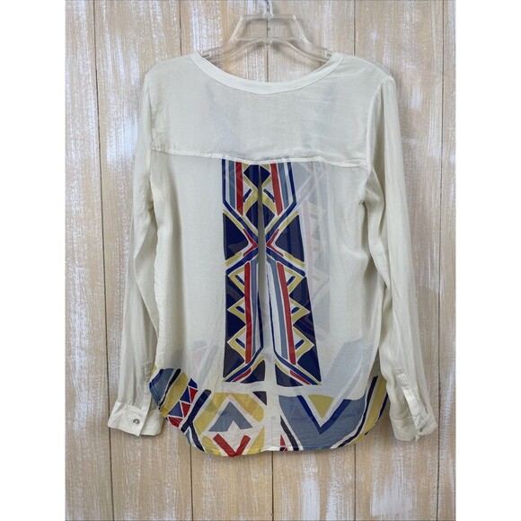 Red Haute 100% Silk Long Sleeve Cream Colorful Blouse Size Large Sheer Tribal - Picture 5 of 12